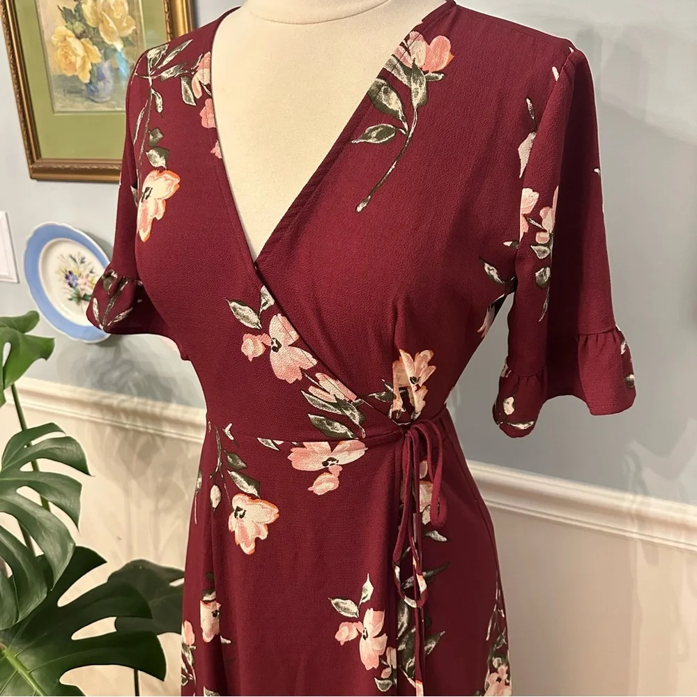 Lulu’s September Sunsets Burgundy Floral Wrap Maxi Dress Small Boho Wedding - Picture 3 of 11